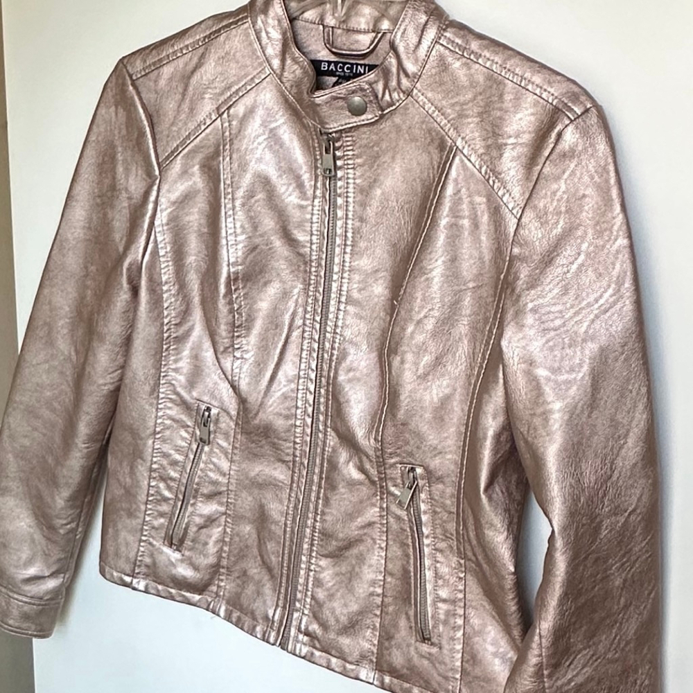 Women's Baccini Petite Medium Metallic Rose Gold Faux Leather Moto Jacket